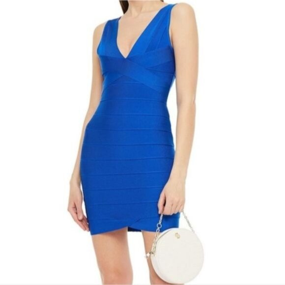 Herve Leger Blue Sleeveless Bodycon Bandage Mini Dress Large - Picture 1 of 11